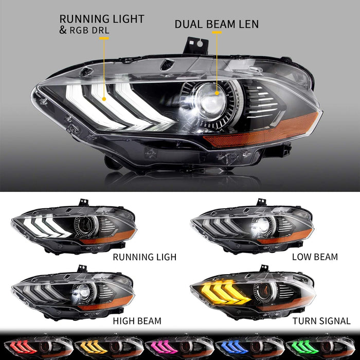 VLAND RGB LED Headlights For Ford Mustang 2018-2023 6th Gen Refresh