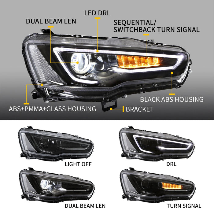 VLAND Dual Beam Projector Headlights and D2H Xenon Bulbs Compatible for Mitsubishi Lancer EVO X 2008-2020