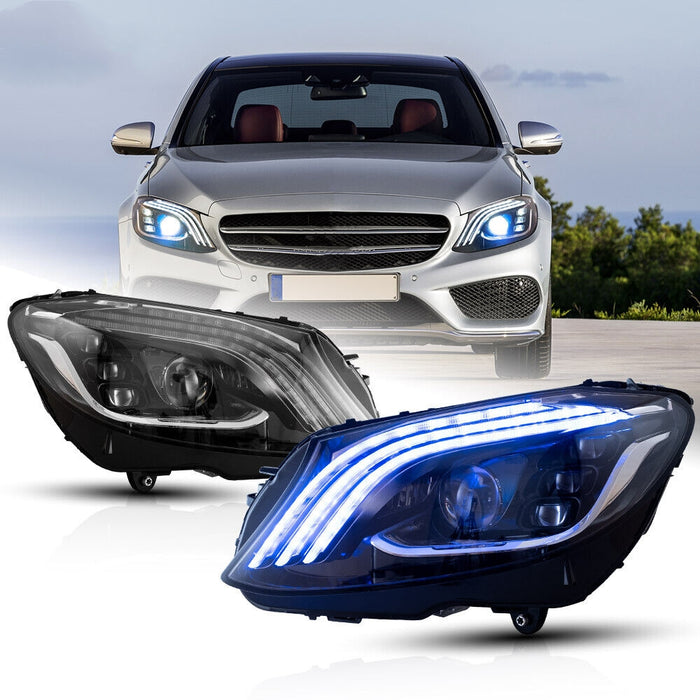 VLAND LED Headlights Fit For Mercedes Benz W205 C-Class 2015-2020 With Blue DRL