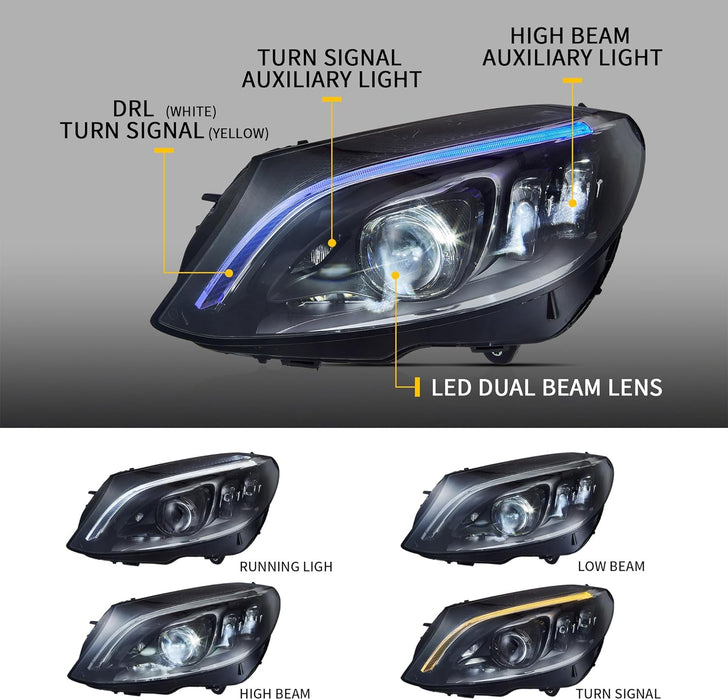 VLAND LED Headlights Fit For Mercedes BENZ W205 C-Class 2015-2020 With Blue Animation DRL