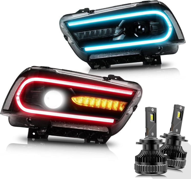 VLAND Multicolor DRL Projector LED RGB Headlights And  D2S LED Bulbs For Dodge Charger 2011-2014