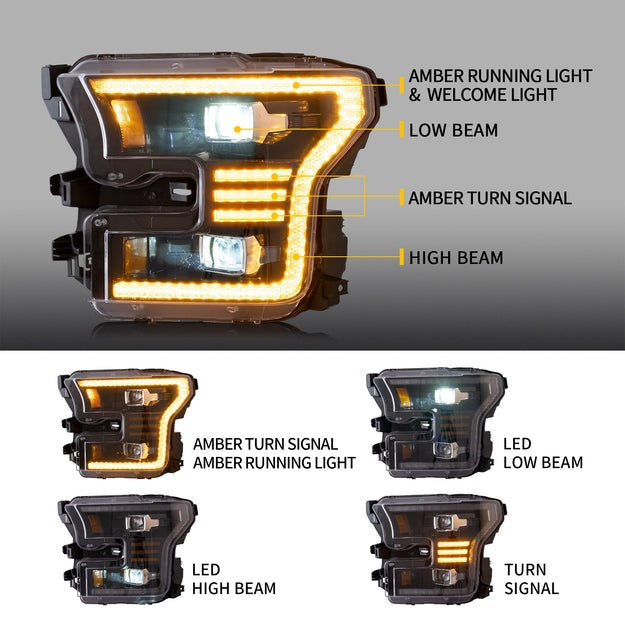 VLAND LED Projector Headlights Assembly Compatible for 2015-2017 FORD F150 Halogen Models with With Dynamic Amber DRL