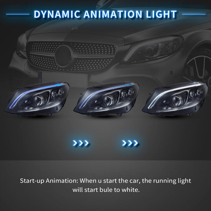 VLAND LED Headlights Fit For Mercedes BENZ W205 C-Class 2015-2020 With Blue Animation DRL
