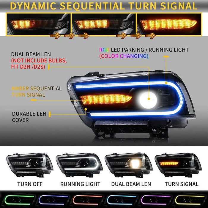 VLAND Multicolor DRL Projector LED RGB Headlights For Dodge Charger 2011-2014