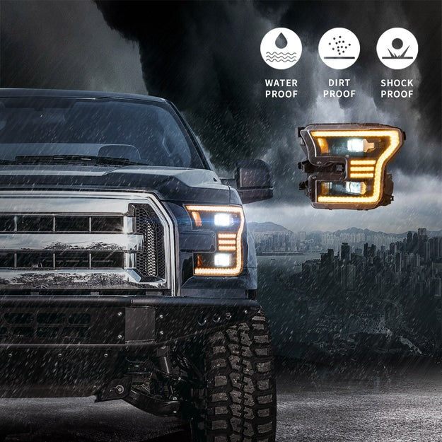 VLAND LED Projector Headlights Assembly Compatible for 2015-2017 FORD F150 Halogen Models with With Dynamic Amber DRL