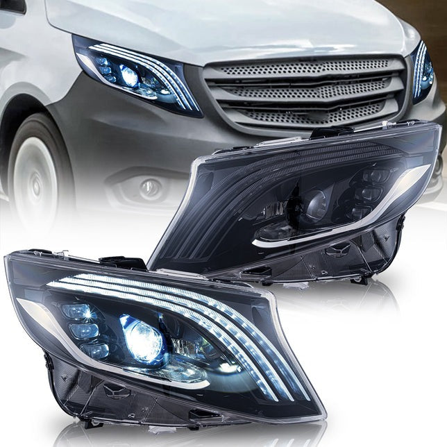VLAND LED Projector Headlights With Blue DRL For Mecedes Benz Vito / Metris 2016-2023 (W447 V-Class, Third generation / 3rd Gen)