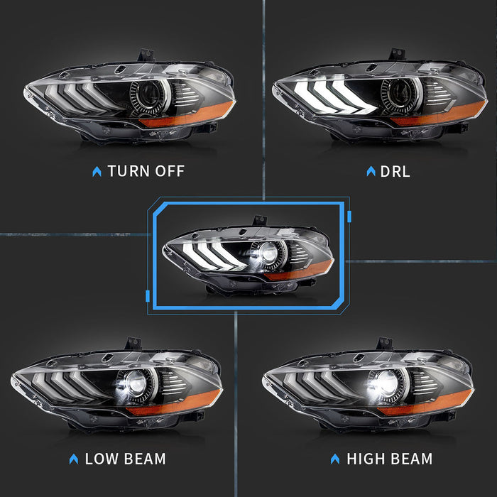 VLAND LED Dual Beam Headlights For Ford Mustang 2018-2023 6th Gen Without Turn Signals