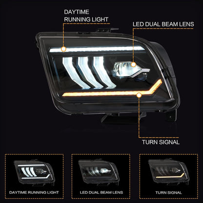 VLAND Projector Headlights Assembly Compatible with Ford Mustang 2005-2009 With Start Up Animation (not for Shelby GT500/ GT500KR)