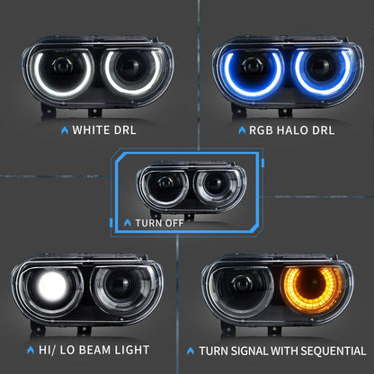 VLAND RGB Dual Beam Headlights For Dodge Challenger 2008-2014
