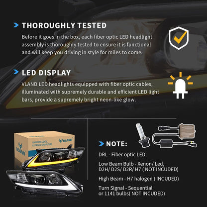 VLAND LED Projector Headlights For 2010 2011 Toyota Camry Base LE SE and XLE w/Sequential (US version)