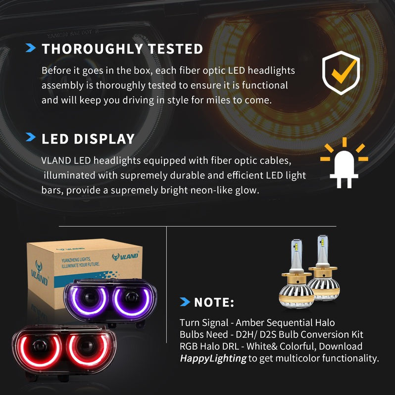 VLAND RGB Dual Beam Headlights For Dodge Challenger 2008-2014