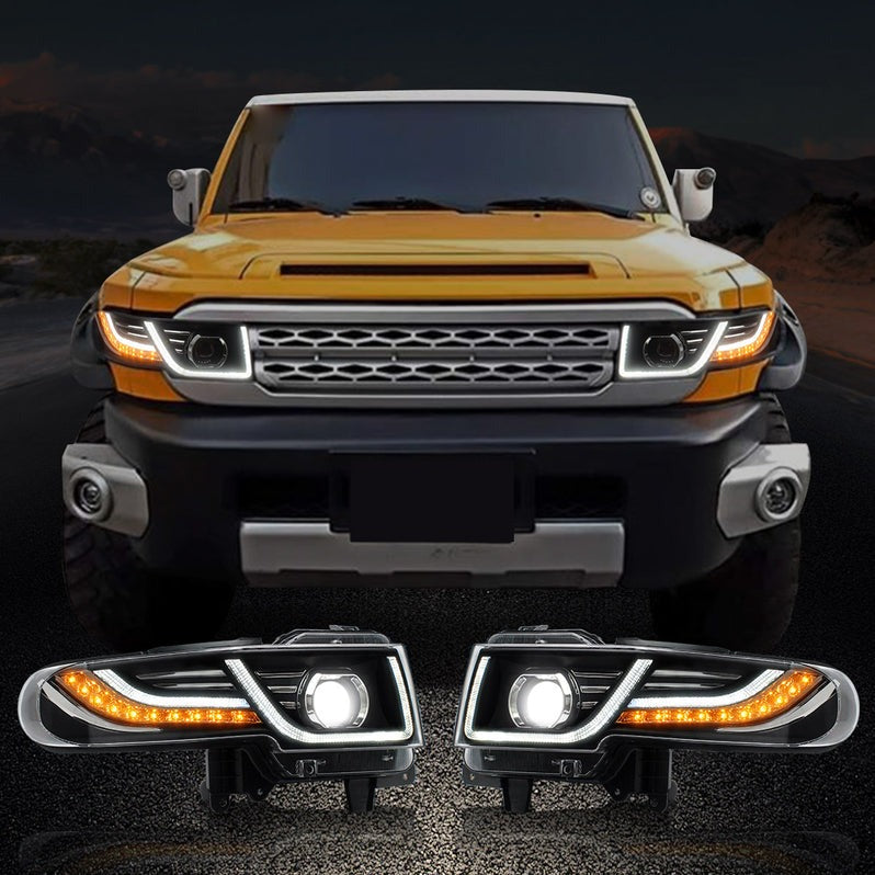 VLAND LED Headlights With Grille Assembly+2Pcs D2S LED Bulbs Fit for 2007-2015 Toyota FJ Cruiser 1st Gen