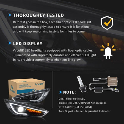 VLAND LED Projector Headlights Assembly Compatible for Ford Focus 2015-2018 with Dual Beam Lens
