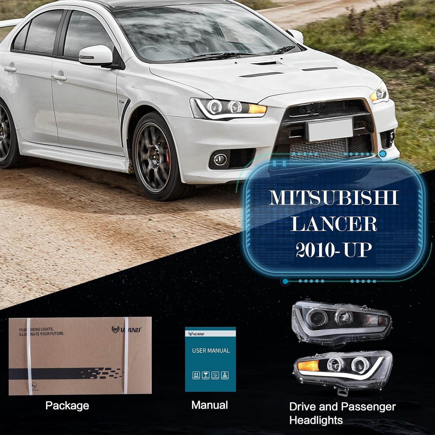 VLAND LED Projector Headlights for Mitsubishi Lancer EVO X 2008-2017 with Dynamic Turn Signal