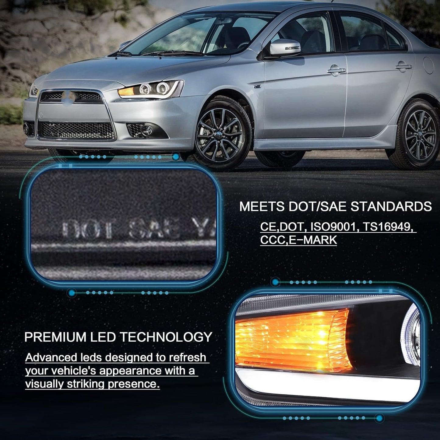 VLAND LED Projector Headlights for Mitsubishi Lancer EVO X 2008-2017 with Dynamic Turn Signal