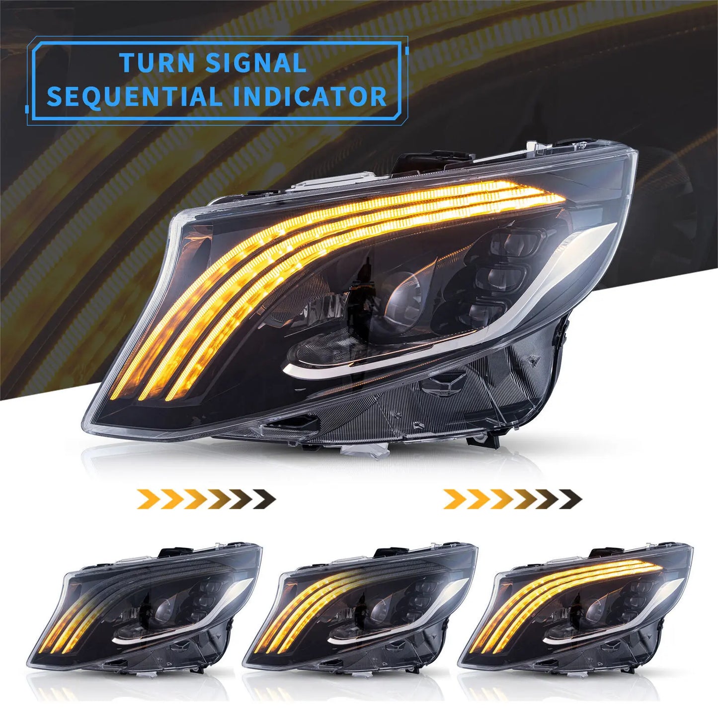 VLAND LED Projector Headlights With Blue DRL For Mecedes Benz Vito / Metris 2016-2023 E-MARK (W447 V-Class, Third generation / 3rd Gen)