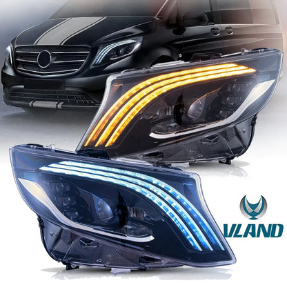 VLAND LED Projector Headlights With Blue DRL For Mecedes Benz Vito / Metris 2016-2023 E-MARK (W447 V-Class, Third generation / 3rd Gen)