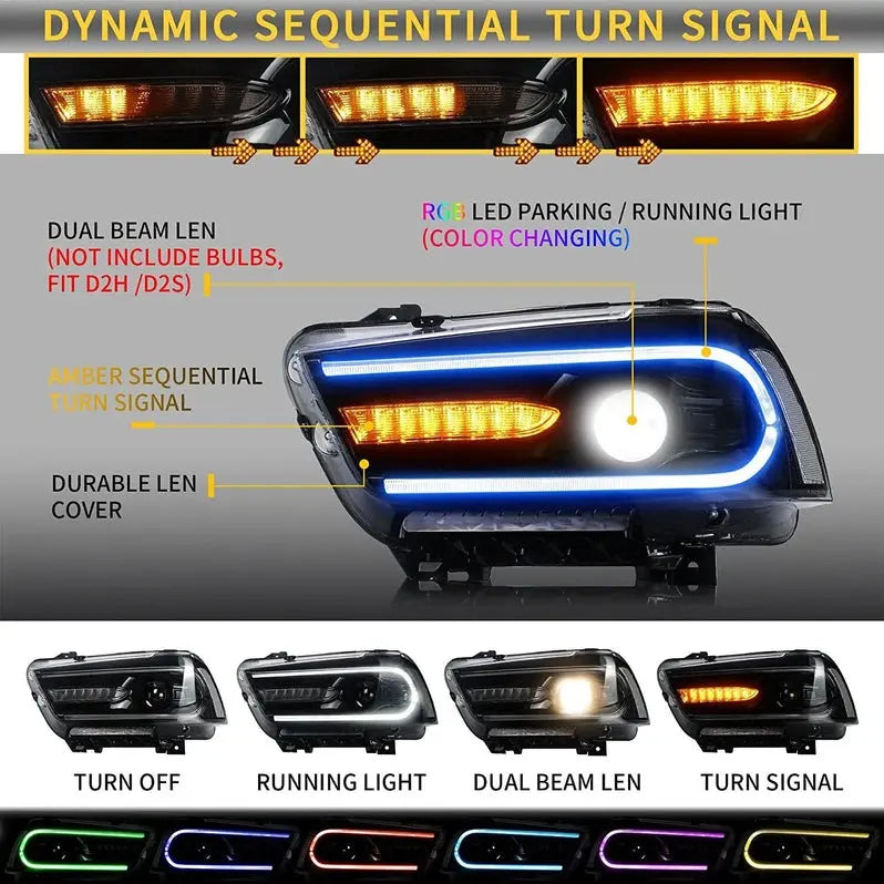 VLAND LED Headlights RGB Colour 2015-2023 For Dodge Charger Halogen Models