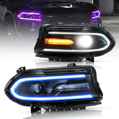 VLAND LED Headlights RGB Colour 2015-2023 For Dodge Charger Halogen Models