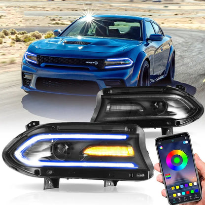 VLAND LED Headlights RGB Colour 2015-2023 For Dodge Charger Halogen Models