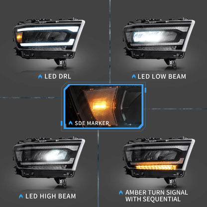VLAND Full LED Headlights For Dodge Ram 2019-2024
