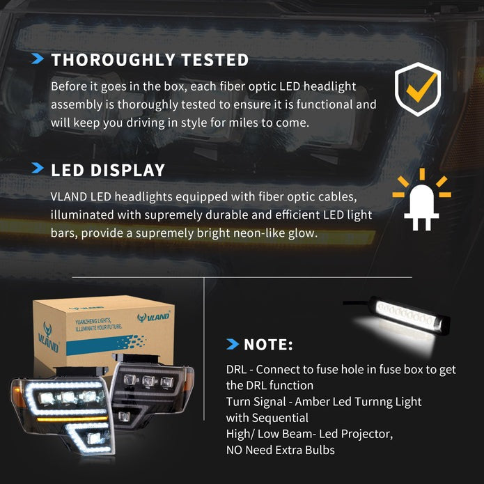 VLAND LED Headlights Compatible For 2009-2014 Ford F150 with Breathe Dynamic DRL (Not for Led Models & F250 F350)
