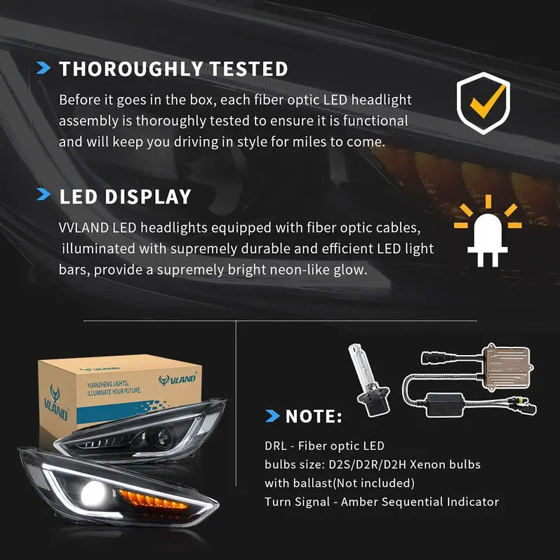 VLAND LED Projector Headlights Assembly Compatible for Ford Focus 2015-2018 with Dual Beam Lens