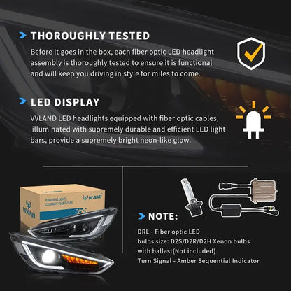 VLAND LED Projector Headlights Assembly Compatible for Ford Focus 2015-2018 with Dual Beam Lens