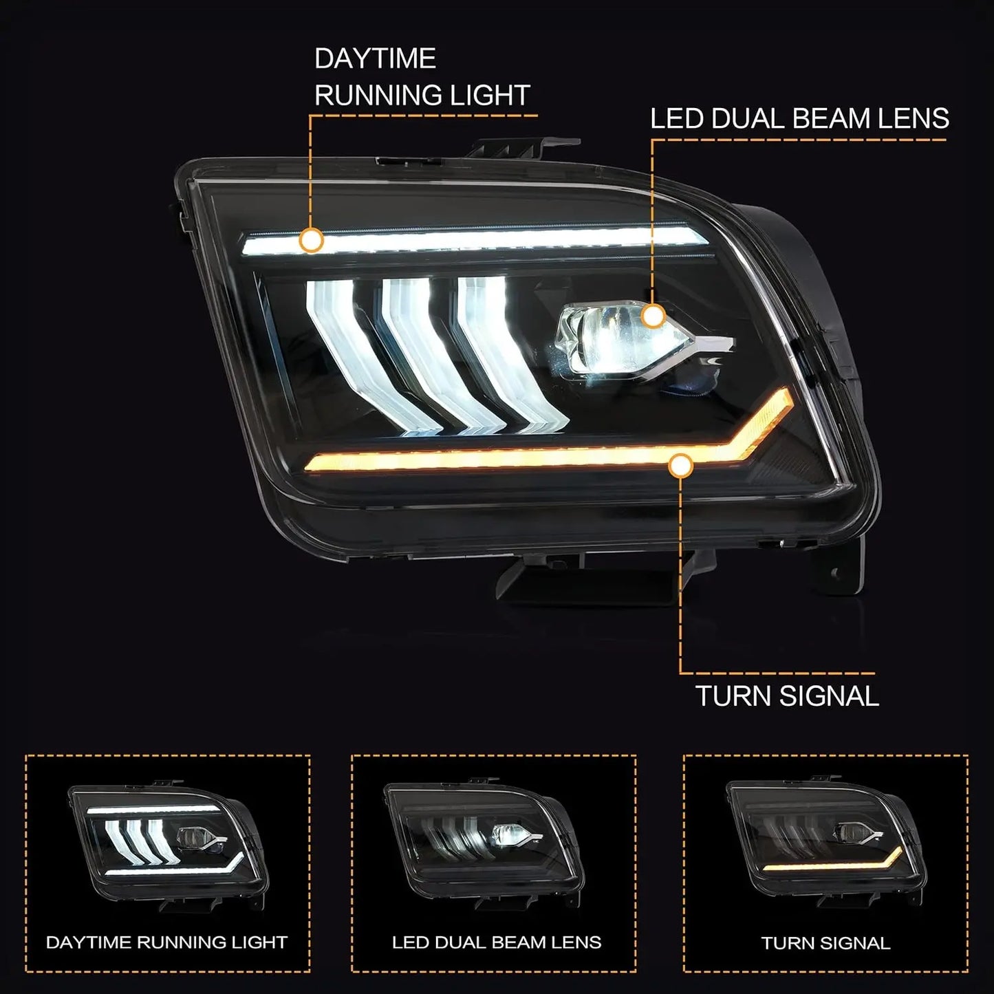 VLAND Projector Headlights Assembly Compatible with Ford Mustang 2005-2009 With Start Up Animation (not for Shelby GT500/ GT500KR)