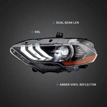 VLAND LED Dual Beam Headlights For Ford Mustang 2018-2023 6th Gen Without Turn Signals