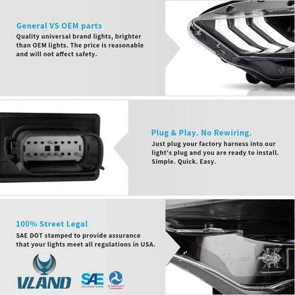 VLAND LED Dual Beam Headlights For Ford Mustang 2018-2023 6th Gen Without Turn Signals