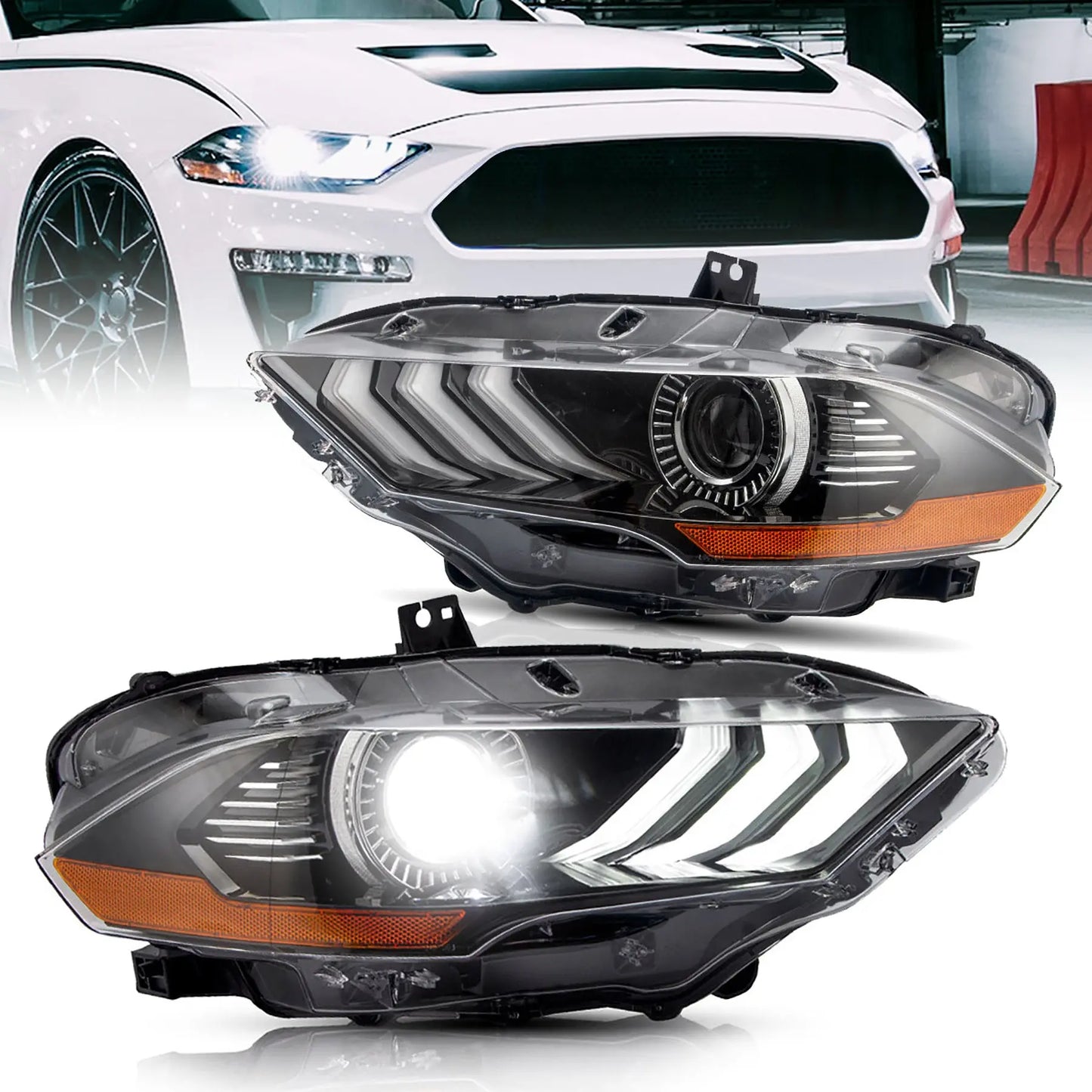 VLAND LED Dual Beam Headlights For Ford Mustang 2018-2023 6th Gen Without Turn Signals