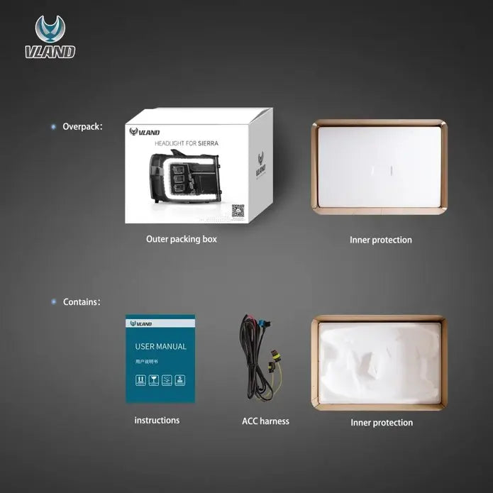 VLAND LED Projector Headlights For 2007-2013 GMC Sierra 1500 2500HD 3500HD With Dynamic DRL