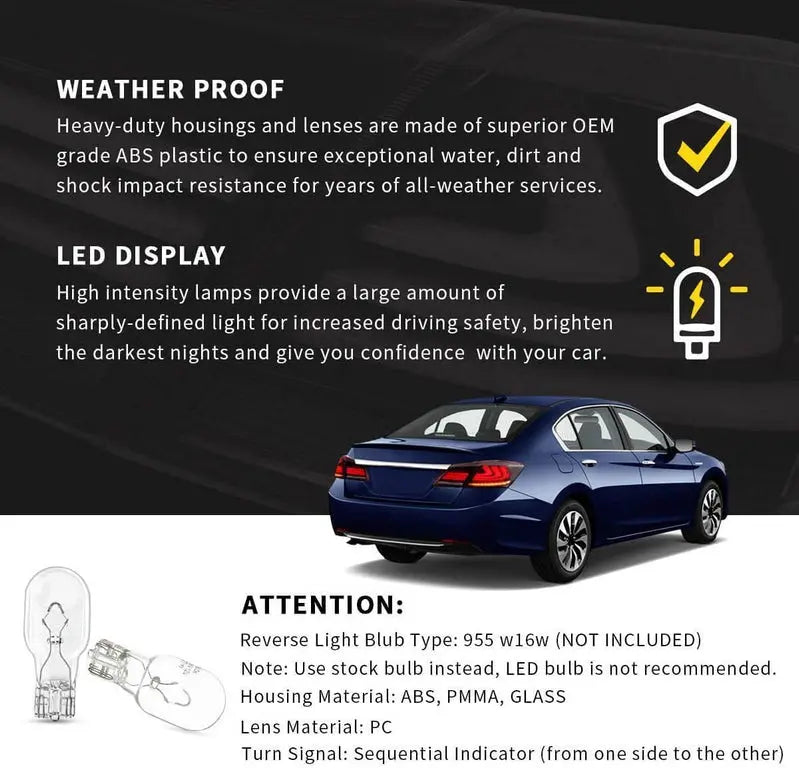 VLAND Full LED Sequential Tail Lights For Honda Accord 2013-2015 ABS PMMA GLASS Material