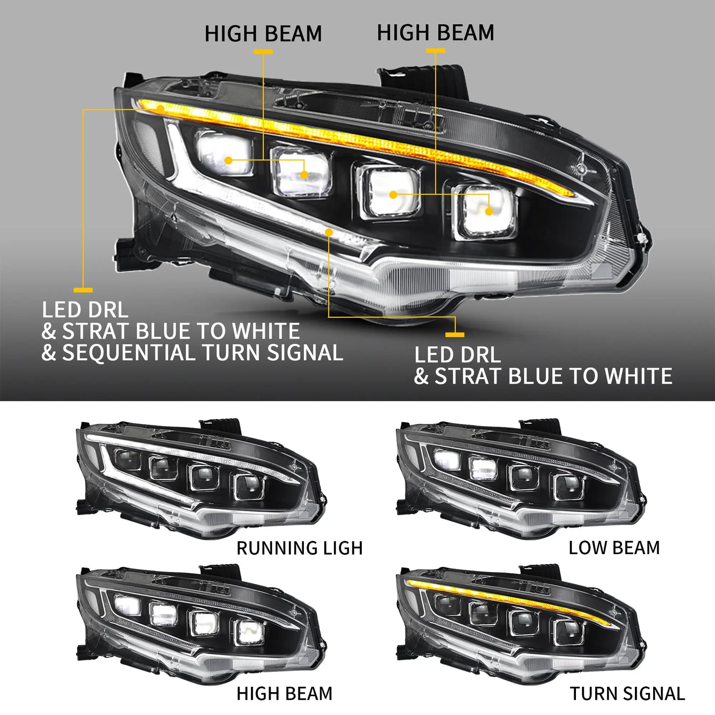 2016-2021 Honda Civic Sedan Hatchback Coupe LED Front Headlights