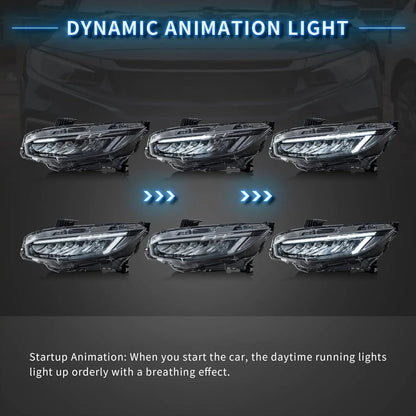 VLAND LED Headlights Assembly Compatible for 10TH Gen Honda Civic Sedan/Coupe/Hatchback/Type R 2016-2021 With Sequential Turn Signal