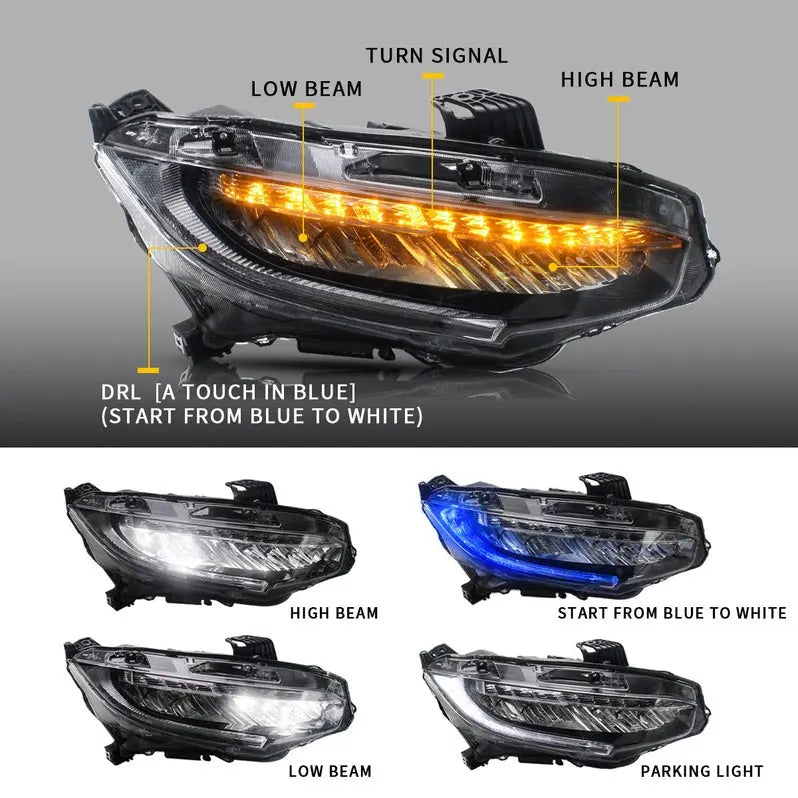 VLAND Full LED Headlights Compatible for Honda Civic 10TH Gen Honda Civic Sedan / Coupe / Hatchback / Type R 2016-2021