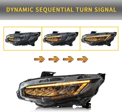 VLAND LED Headlights Assembly Compatible for 10TH Gen Honda Civic Sedan/Coupe/Hatchback/Type R 2016-2021 With Sequential Turn Signal