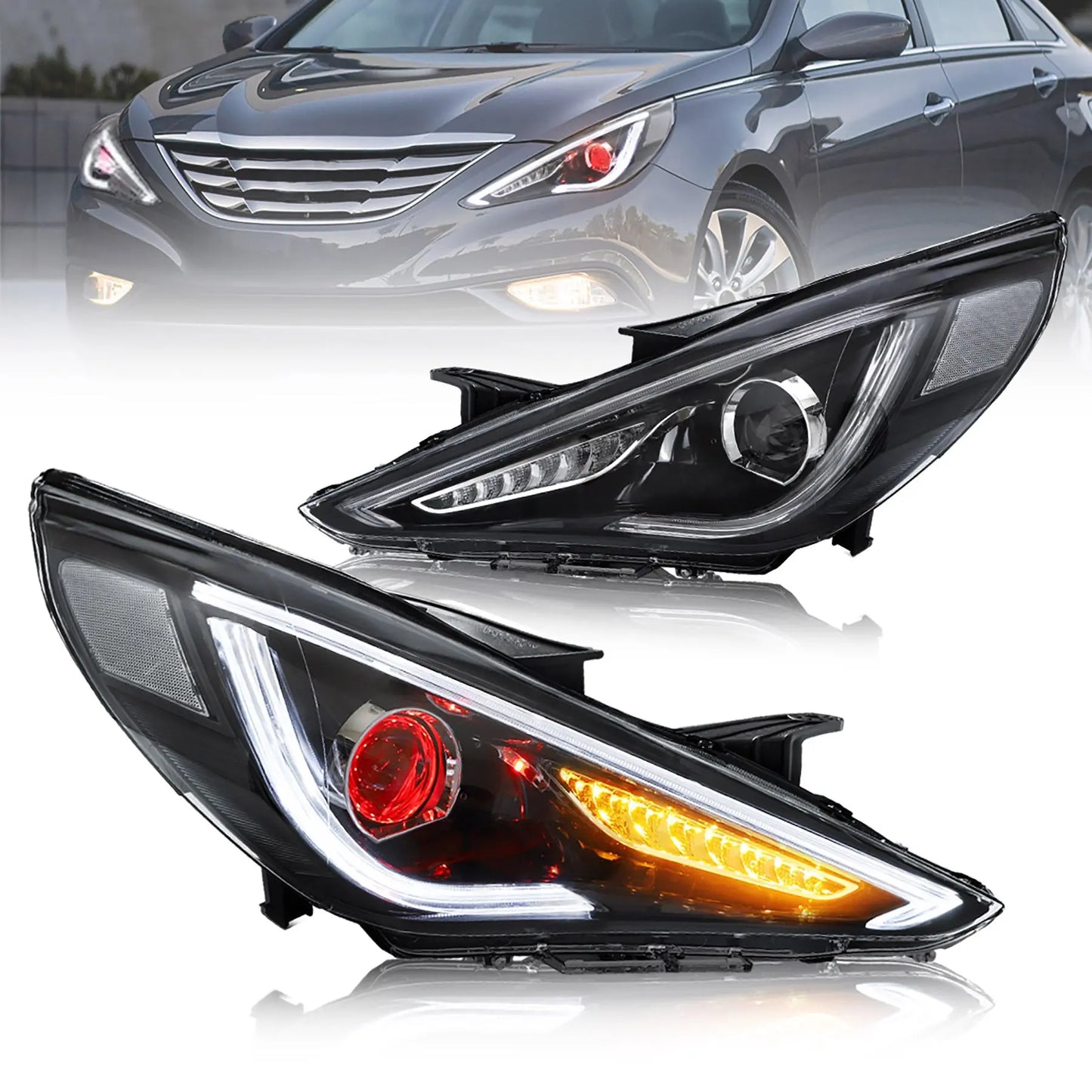 VLAND Dual Beam Sequential Headlights For Hyundai Sonata 2011-2014 ABS PMMA GLASS Material (Bulbs Not Included)