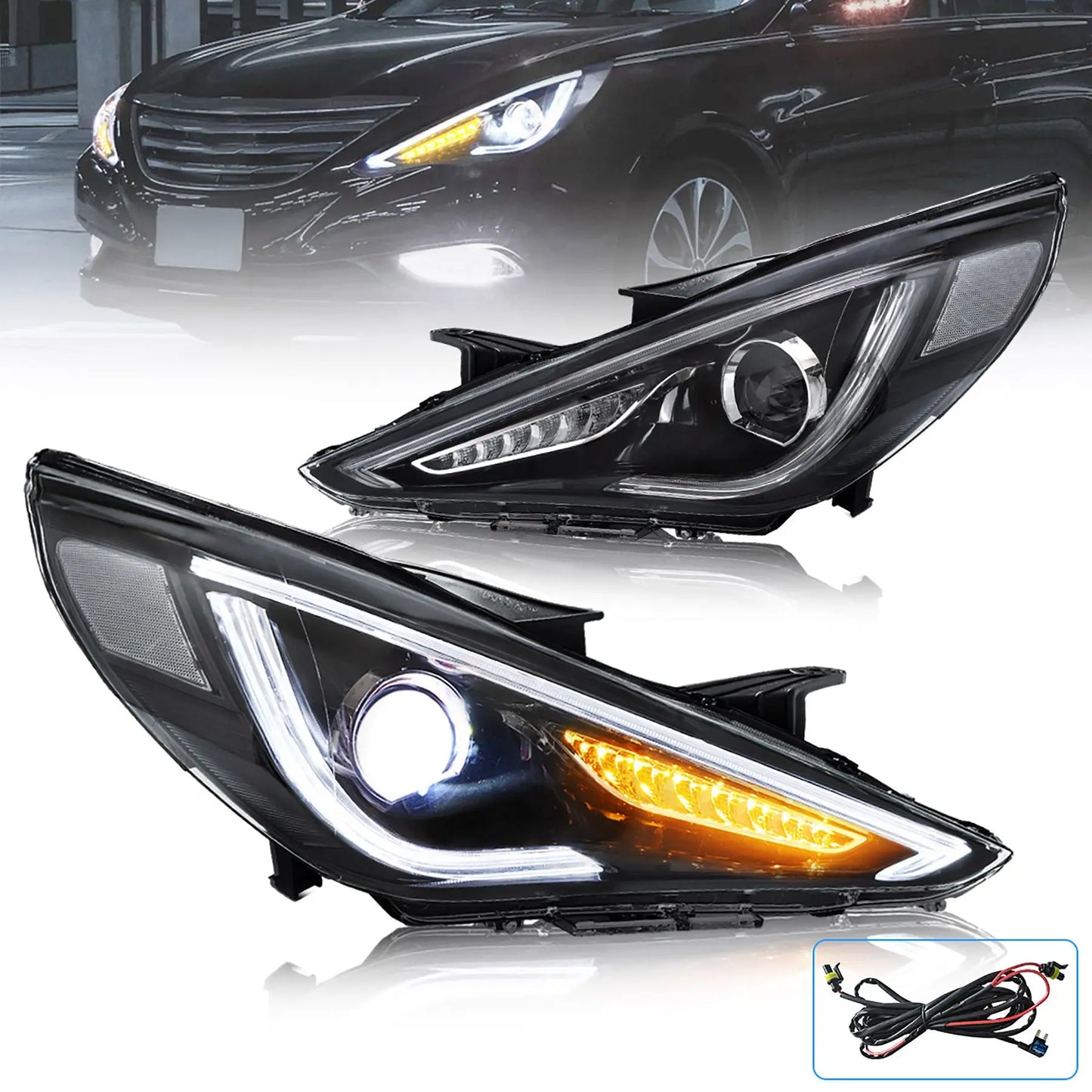 VLAND Dual Beam Sequential Headlights For Hyundai Sonata 2011-2014 ABS PMMA GLASS Material (Bulbs Not Included)