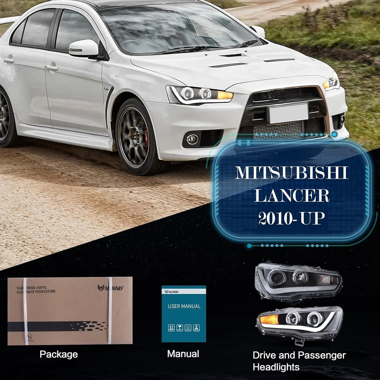 VLAND LED Projector Headlights for Mitsubishi Lancer EVO X 2008-2017 with Dynamic Turn Signal