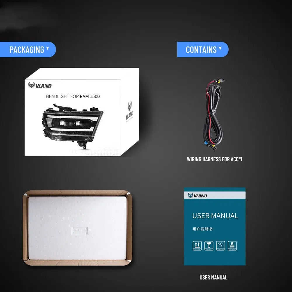 VLAND Full LED Projector Headlights For 2019-2024 RAM 1500