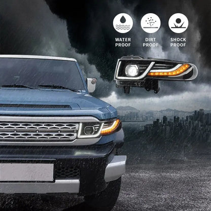 VLAND LED Headlights With Grille Assembly+2Pcs D2S LED Bulbs Fit for 2007-2015 Toyota FJ Cruiser 1st Gen