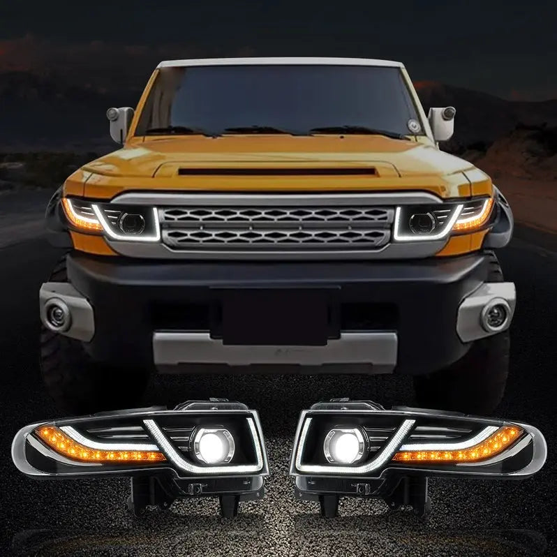 VLAND LED Headlights With Grille Assembly+2Pcs D2S LED Bulbs Fit for 2007-2015 Toyota FJ Cruiser 1st Gen