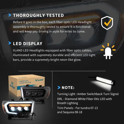 VLAND LED Projector Headlights For 2007-2013 Toyota Tundra & 2008-2022 Toyota Sequoia