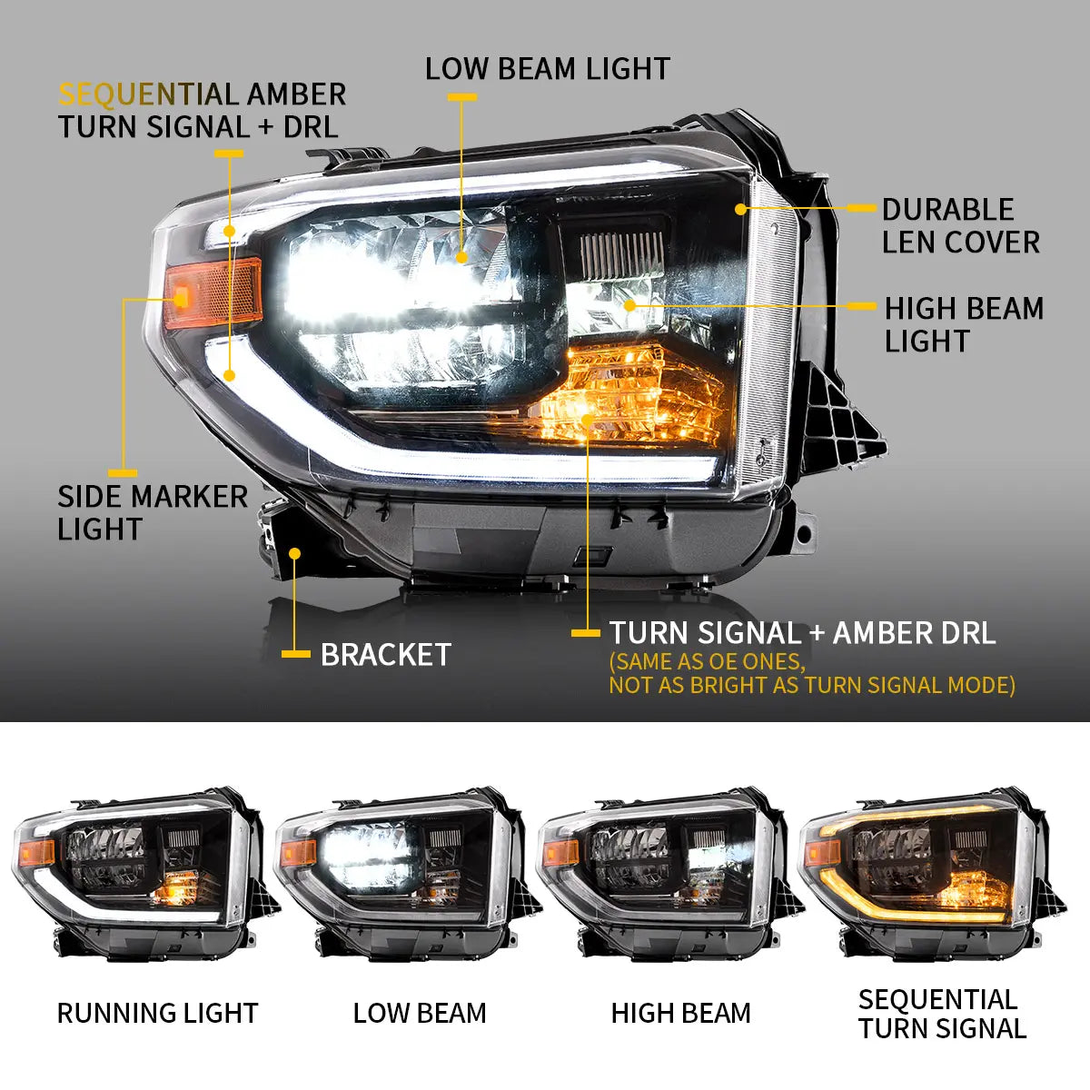 VLAND LED Headlights Fit For 2014-2021 Toyota Tundra with Sequential Turn Signals