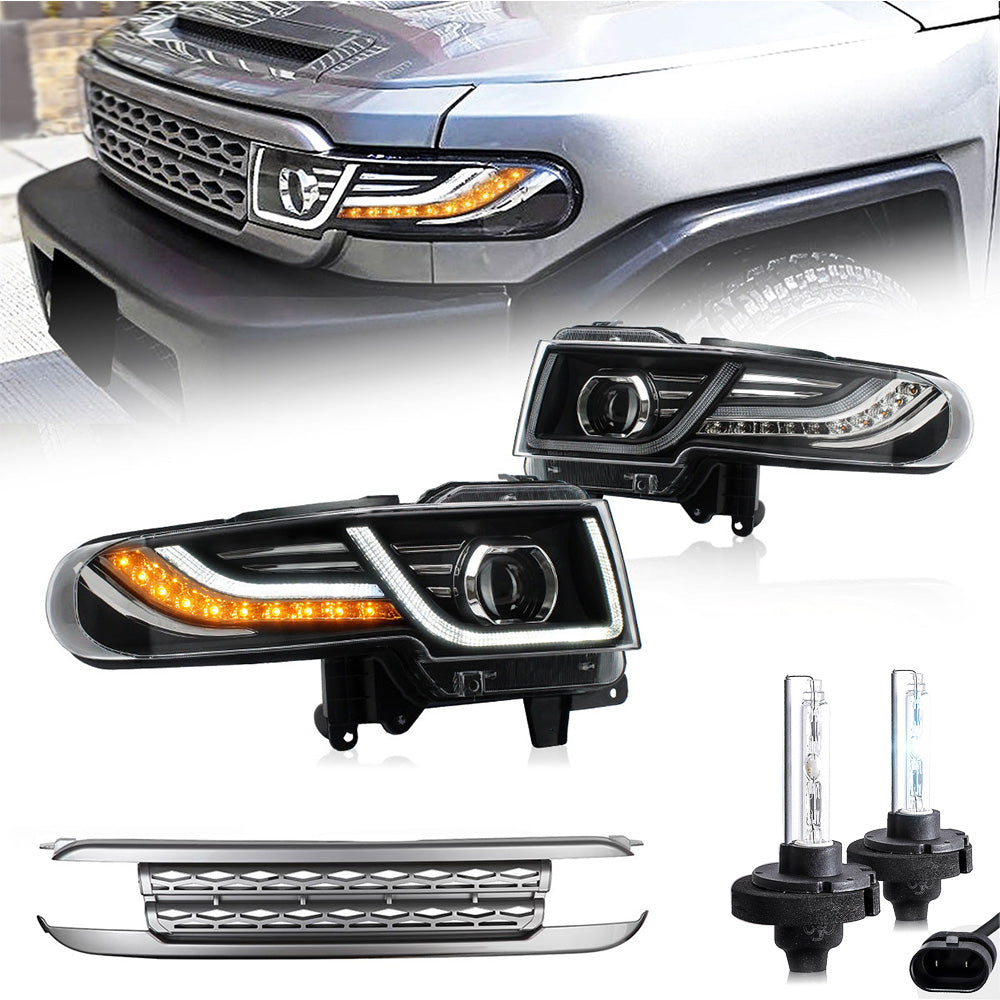 VLAND LED Headlights With Grille Assembly+2PCs D2H Xenon Bulbs Fit for 2007-2015 Toyota FJ Cruiser 1st Gen
