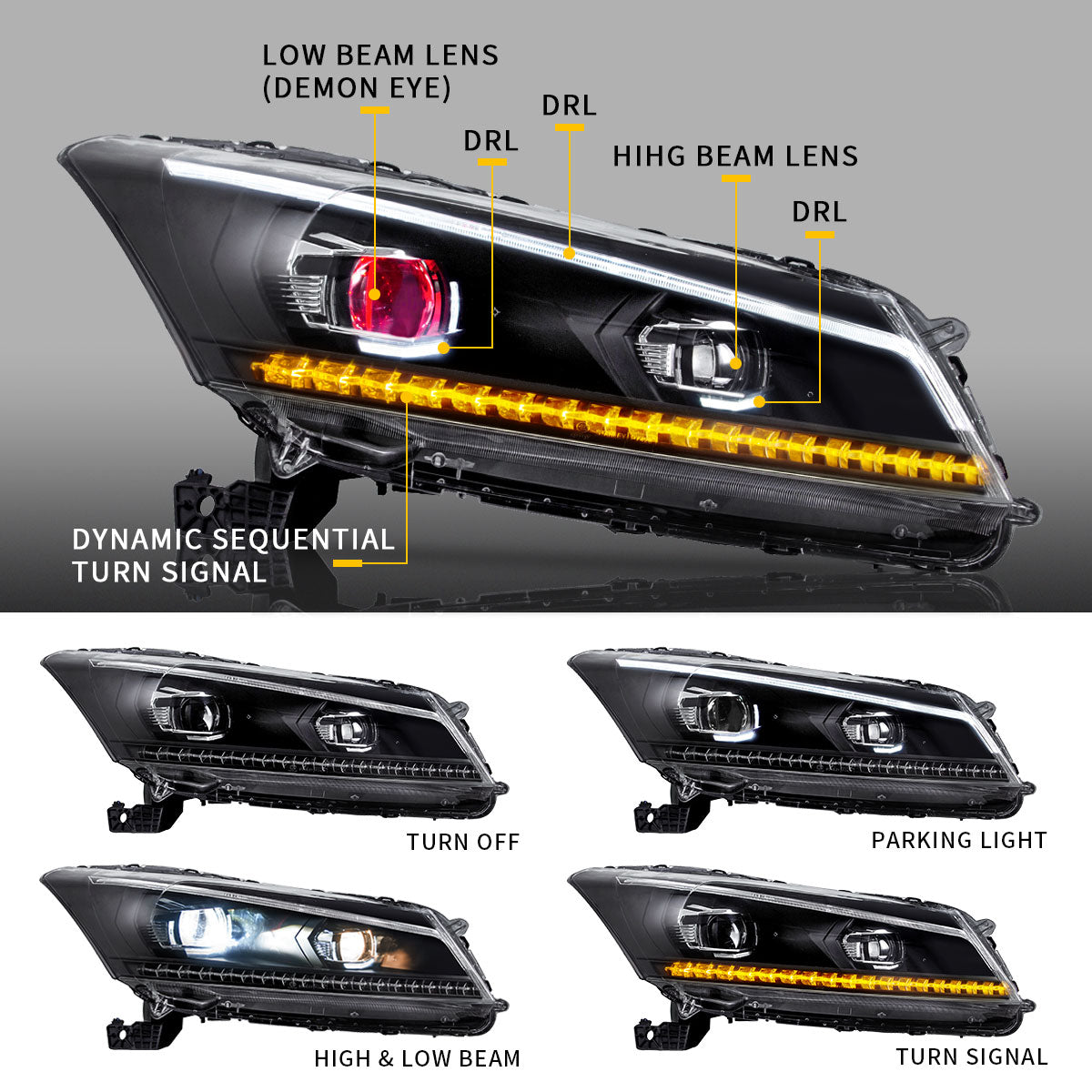 VLAND Dual Beam Headlights With Demon Eyes For Honda Accord 2008-2012