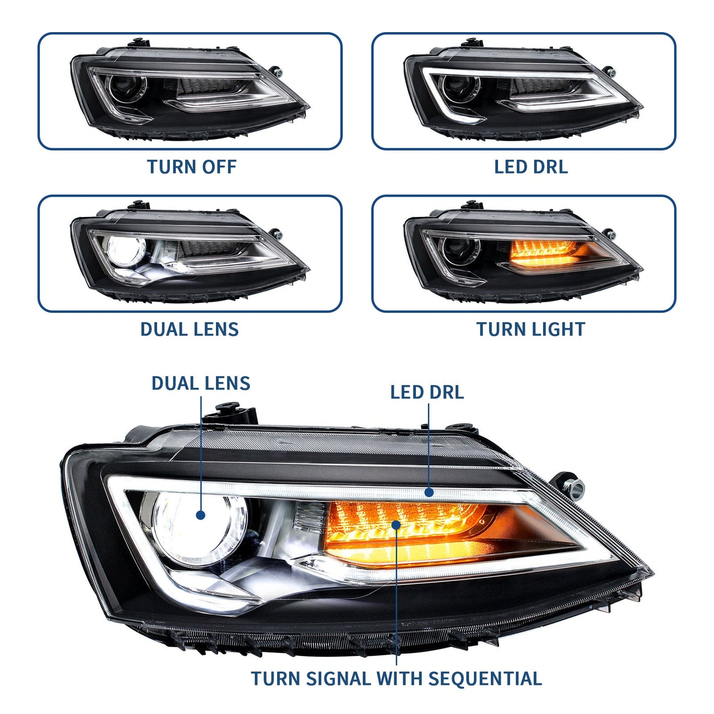 VLAND Dual Beam Headlights Fit for Volkswagen Jetta/Sagitar 2011-2018(NOT FOR GLI)