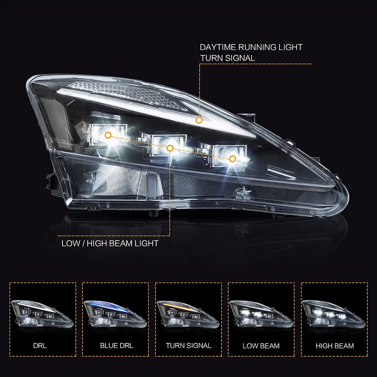 VLAND LED Projector Headlights For Lexus IS250/IS250C IS350/IS350C IS220d 2006-2013 ISF 2008-2014 With Animation & Blue Breathing